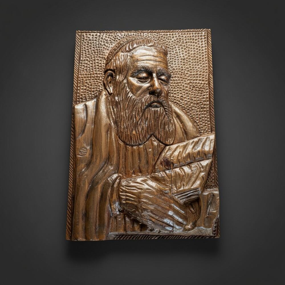 Hand Carved Wood Rabbi Torah Wall Plaque Folk Art-Bas Relief-Judaica-Religious